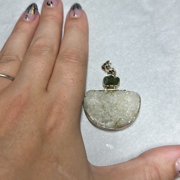 Moldavite and quartz druzy pendant Sterling silver - Picture 5 of 5